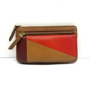 Fossil Womens Bi-Fold Clutch Wallet Karli Brown Red Tan 13 Card Slot Window ID